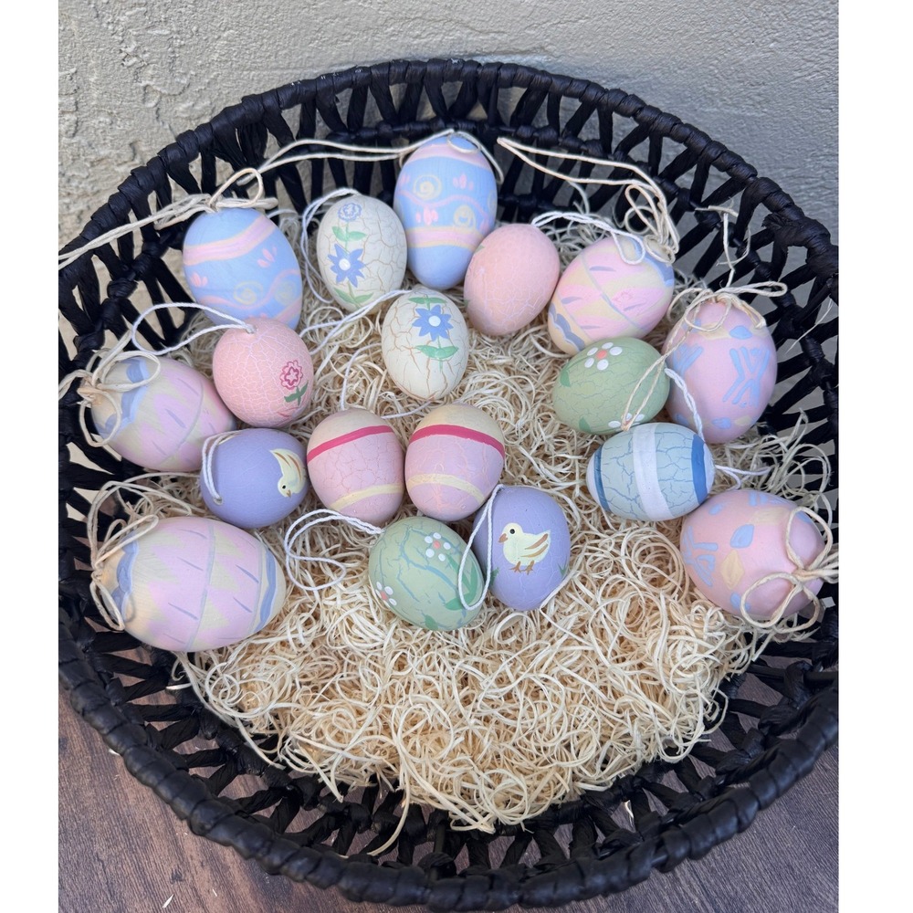 Vintage Hand Painted 18 Pastel Eggs Ornaments Crackle Finish Spring Decor Chic